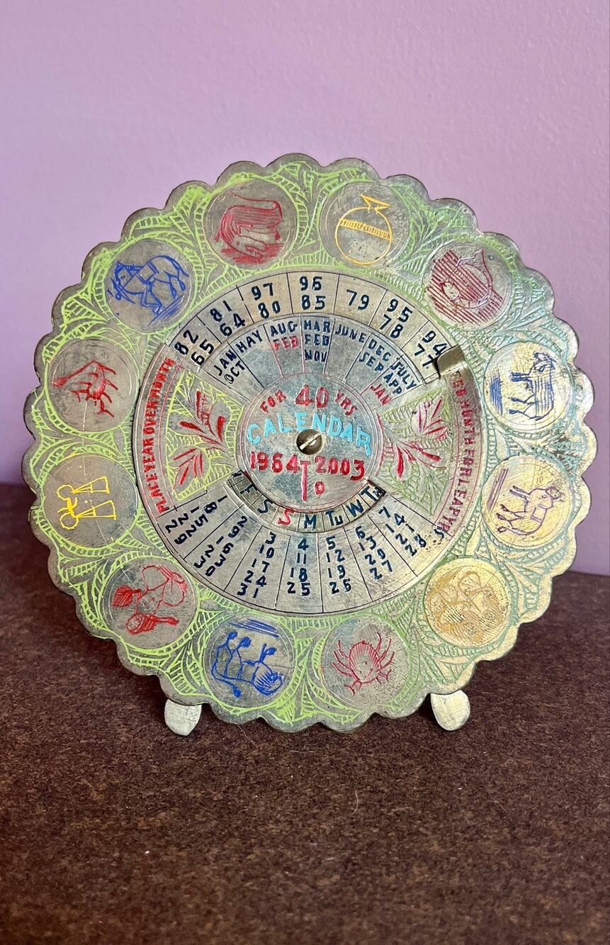 Vintage 60s Brass Astrology Calendar Round 40 Years Desktop
